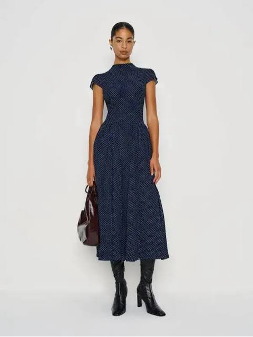 Reformation Maven Navy Polka-Dot Mock Neck Midi Dress